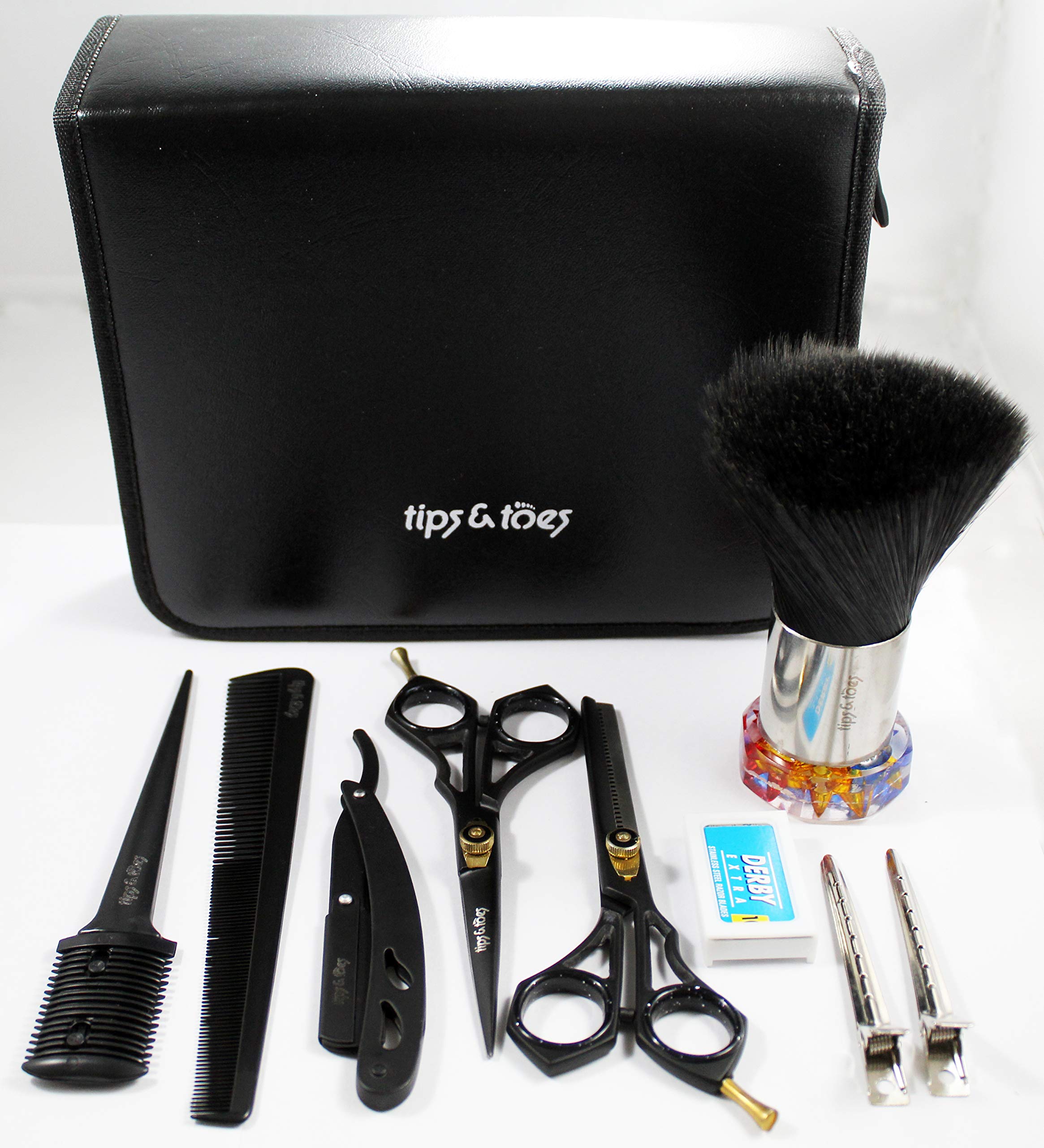 Tips&Toes Professional Barber Razor Shears Kit, Stainless Steel Japanese J2 420 Hardness HRC 51-52 - Set of 10