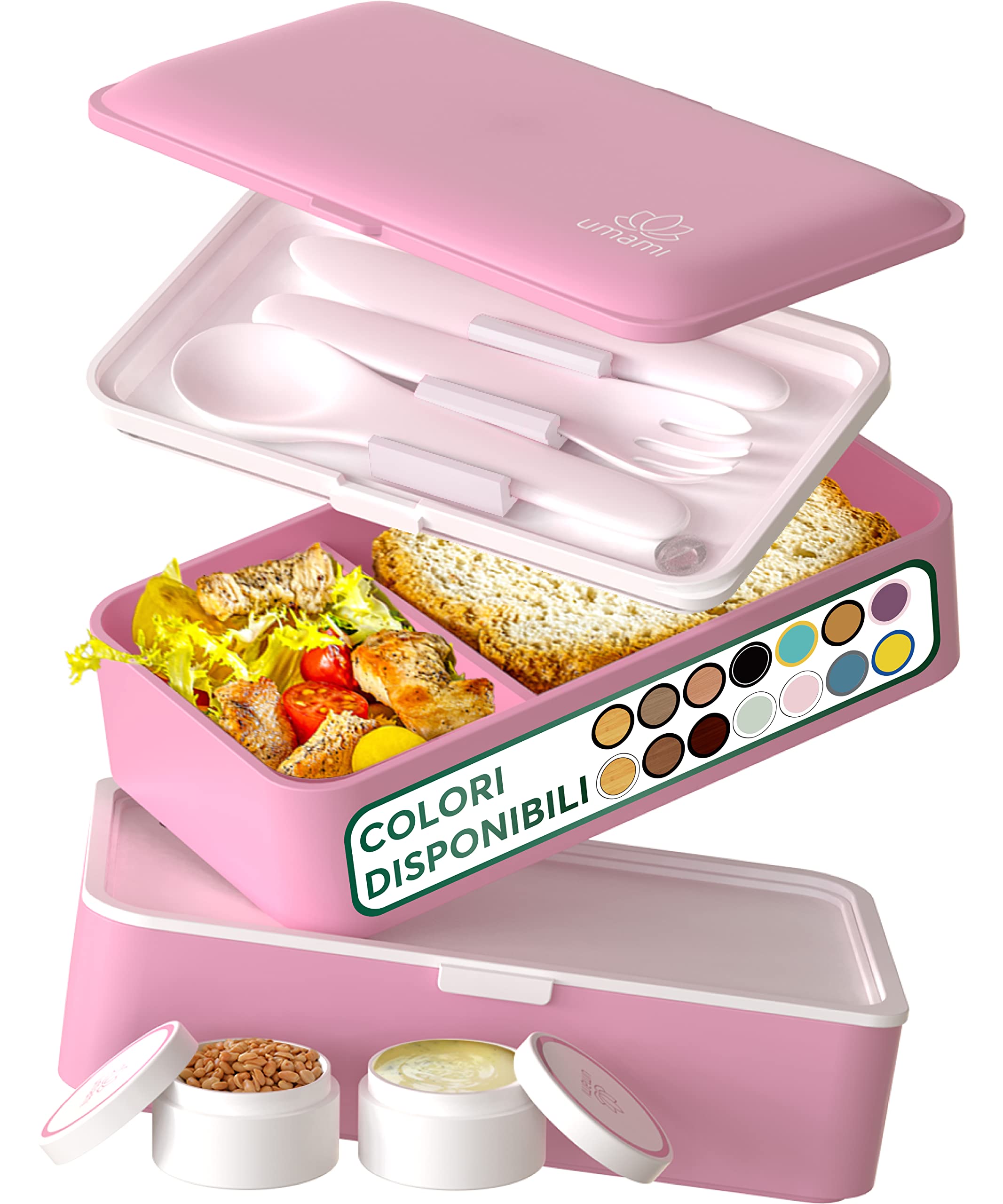 Umami Porta Pranzo Lunch Box Ermetico 4 Scomparti e Posate, Sicuro per Microonde, Lavastoviglie, Portapranzo Ufficio Bento Lunchbox Prova di Perdite per Adulti, Schiscetta Pranzo, Rosa Kawaii, 1200 ml