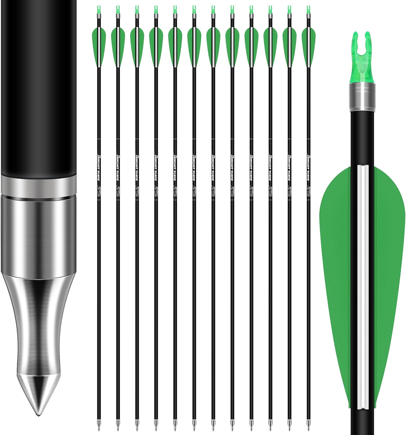 SUNYA 12-Pack 30 Inch Carbon Arrows Spine 500 or 400 for 40-60 LBS Bows?Switch to Recurve/Compound Modes, Anti-Loose O-Ring & TPU Vanes for Hunting/Target Practice Spine 500-30Inch Green