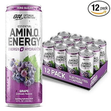 Optimum Nutrition Amino Energy Sparkling Hydration Drink, Electrolytes, Caffeine, Amino Acids, BCAAs, Sugar Free, Grape, 12 Fl Oz, 12 Pack (Packaging May Vary)