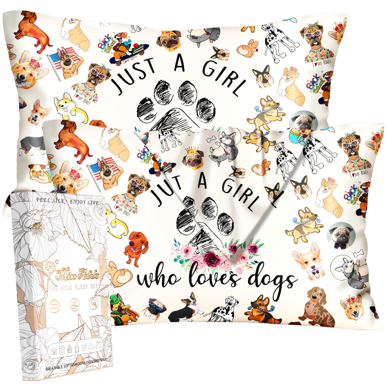 Miss Adola Silk Pillowcase 2 Pack - Cute Pillow Cases 20" x 26" Standard Size Set of 2 for Hair and Skin Smooth Soft Breathable with Hidden Zipper