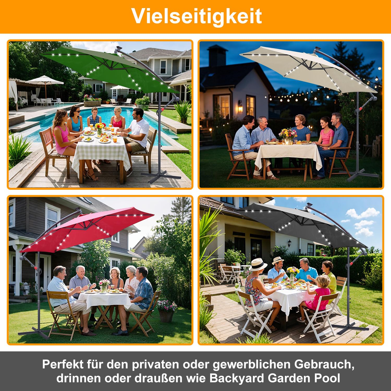 Parasol przeciwsłoneczny, Ø 300/350 cm, z korbą, z lampką solarną LED lub bez niej, parasol ogrodowy ze stojakiem, ochrona przed słońcem, ochrona przed promieniowaniem UV | parasol na korbę