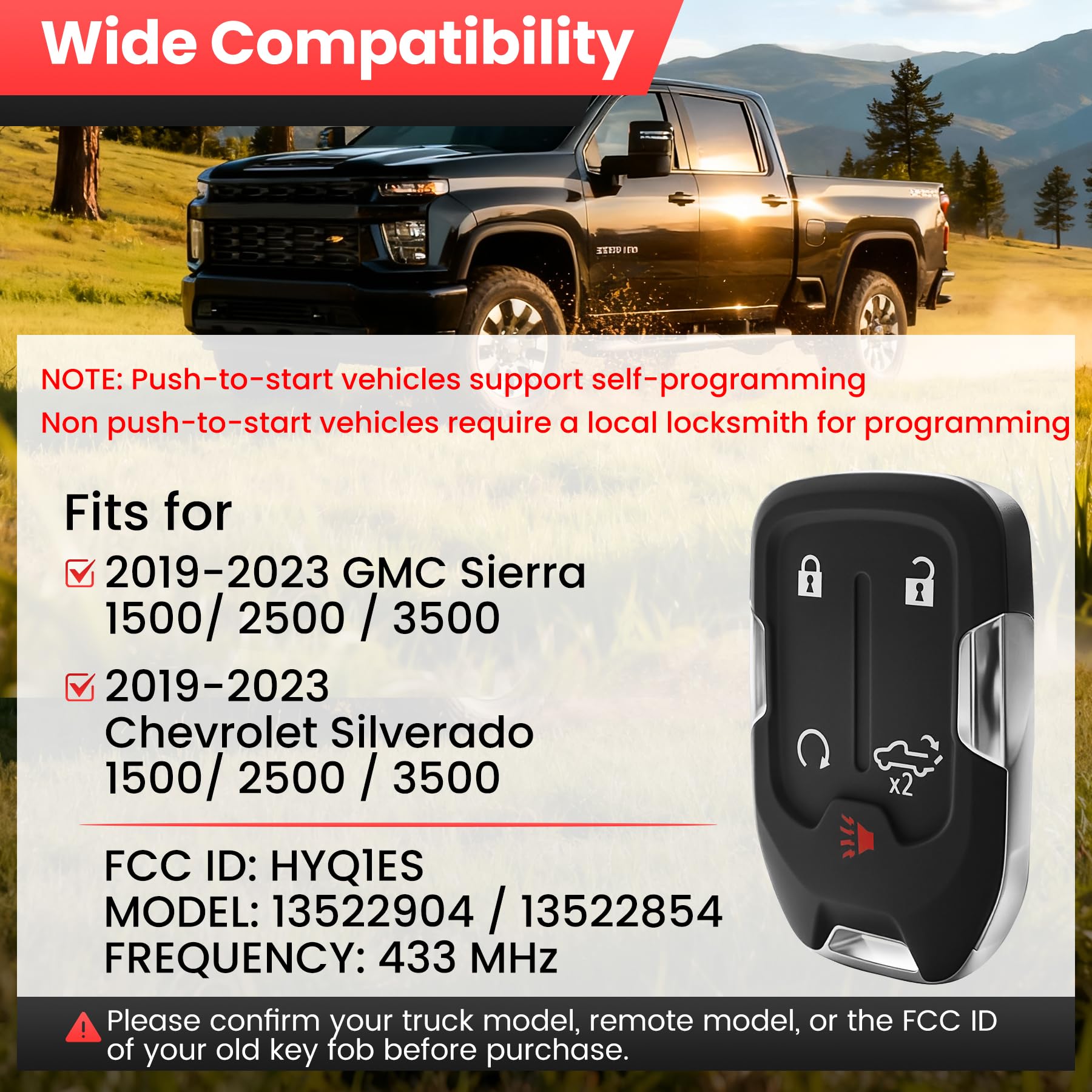 Mando a distancia sin llave para GMC Sierra 1500 2500 3500 2019-2023 Chevrolet Chevy Silverado 1500 2500 3500, 433 MHz HYQ1ES 13522904 13522854 incluye sin cortar Hoja de llave 5 años Repuesto