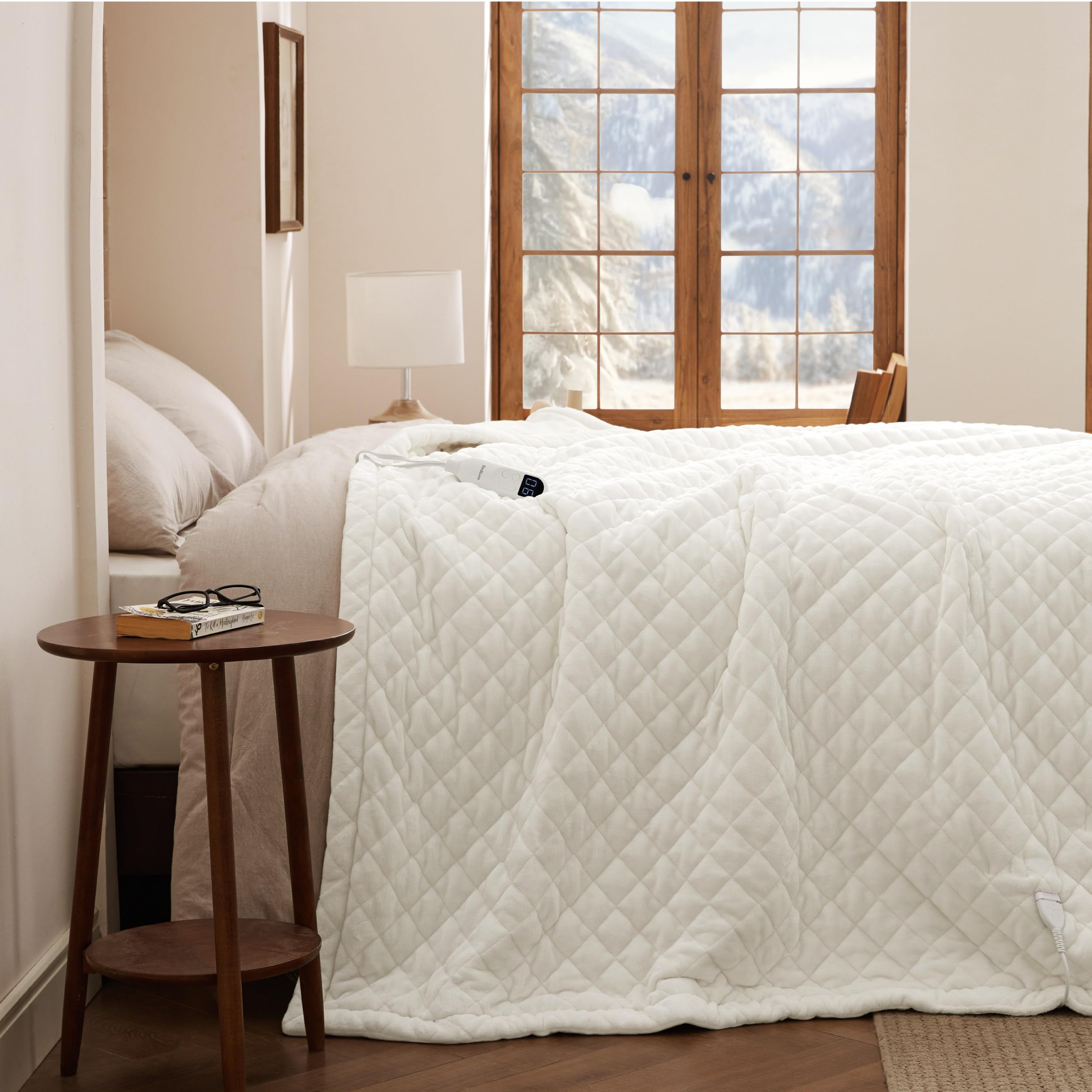 Bedsure Diamond Quilted Heated Blanket Twin, Filled Electric Blanket, Ivory