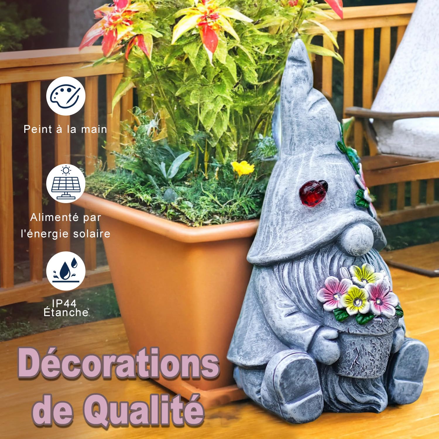 Yeomoo Nains de jardin Figurines solaires pour décoration de jardin extérieure : drôle nain de jardin avec fleurs lampes solaires décoratives cadeaux pour femmes hommes maman cadeau d'anniversaire