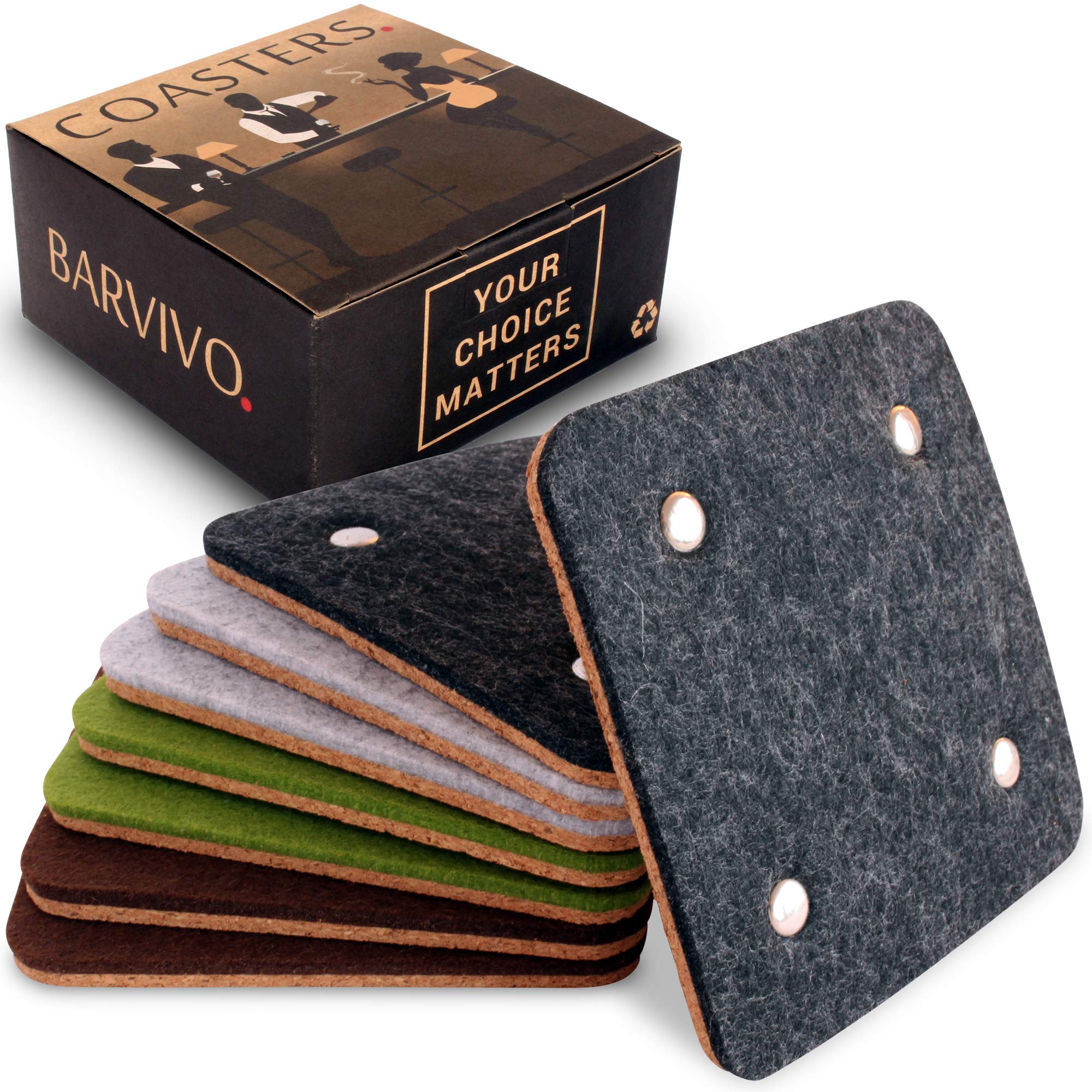 BARVIVOCoasters for Drinks Absorbent Set of 8 with Rivet - Perfect Classic Drink Coasters for Wooden Table Protection with Scratch Preventing Cork Side and an Instant Condensation Absorbing Felt Side