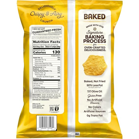 Baked Lays Potato Chips, Original, 9.25 oz Bag, 50% Less Fat, Gluten Free, No Artificial Flavors, No Colors from Artificial Sources