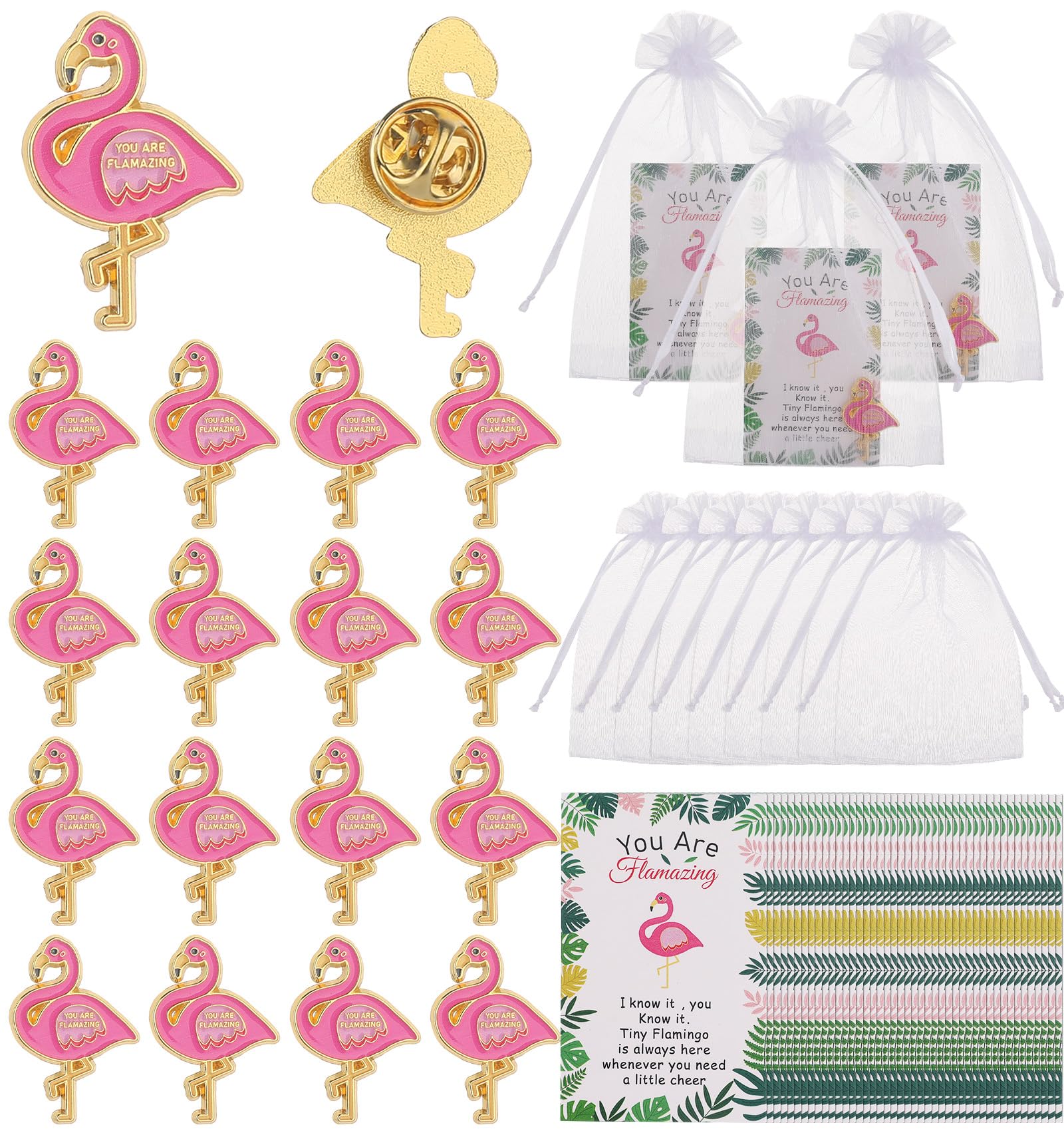 24 Pack Flamingo Motivational Gift Set Pink Gold Enamel Brooch Pins with "You Are Flamazing" Cards Organza Bags for Employee Appreciation Coworker Teacher Volunteer Christmas Birthday Thank You Gifts