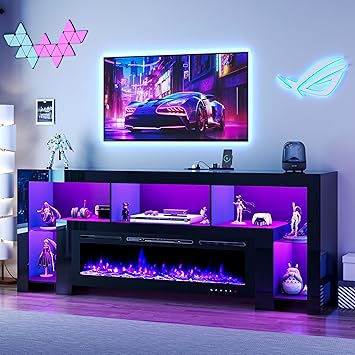 94.5" Fireplace TV Stand for TVs Up to 100", Gaming LED Entertainment Center with 50" Electric Fireplace, Modern High Gloss Media Console for Living Room, Glass Shelves & Open Storage, Black