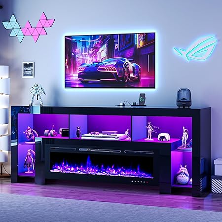 94.5" Fireplace TV Stand for TVs Up to 100", Gaming LED Entertainment Center with 50" Electric Fireplace, Modern High Gloss Media Console for Living Room, Glass Shelves & Open Storage, Black