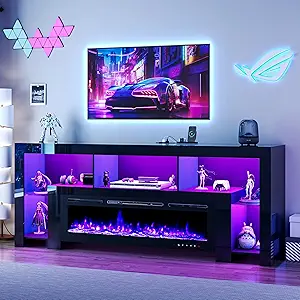 94.5" Fireplace TV Stand for TVs Up to 100", Gaming LED Entertainment Center with 50" Electric Fireplace, Modern High Gloss Media Console for Living Room, Glass Shelves & Open Storage, Black