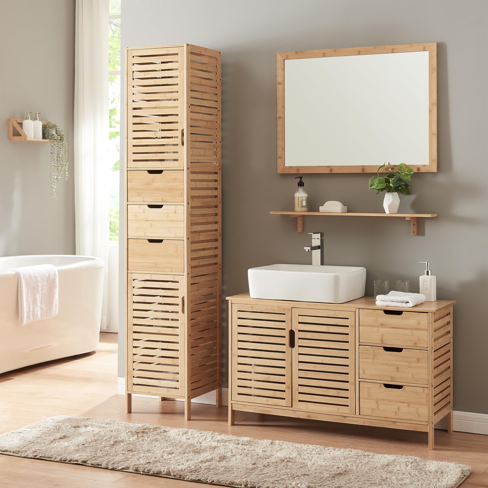 [en.casa] Mobile Sottolavabo da Terra con 3 Cassetti e 2 Ante Armadio Sotto Lavandino da Bagno con Ritaglio Sifone e Scomparto Chiuso 60 x 100 x 35 cm - Bambù Naturale