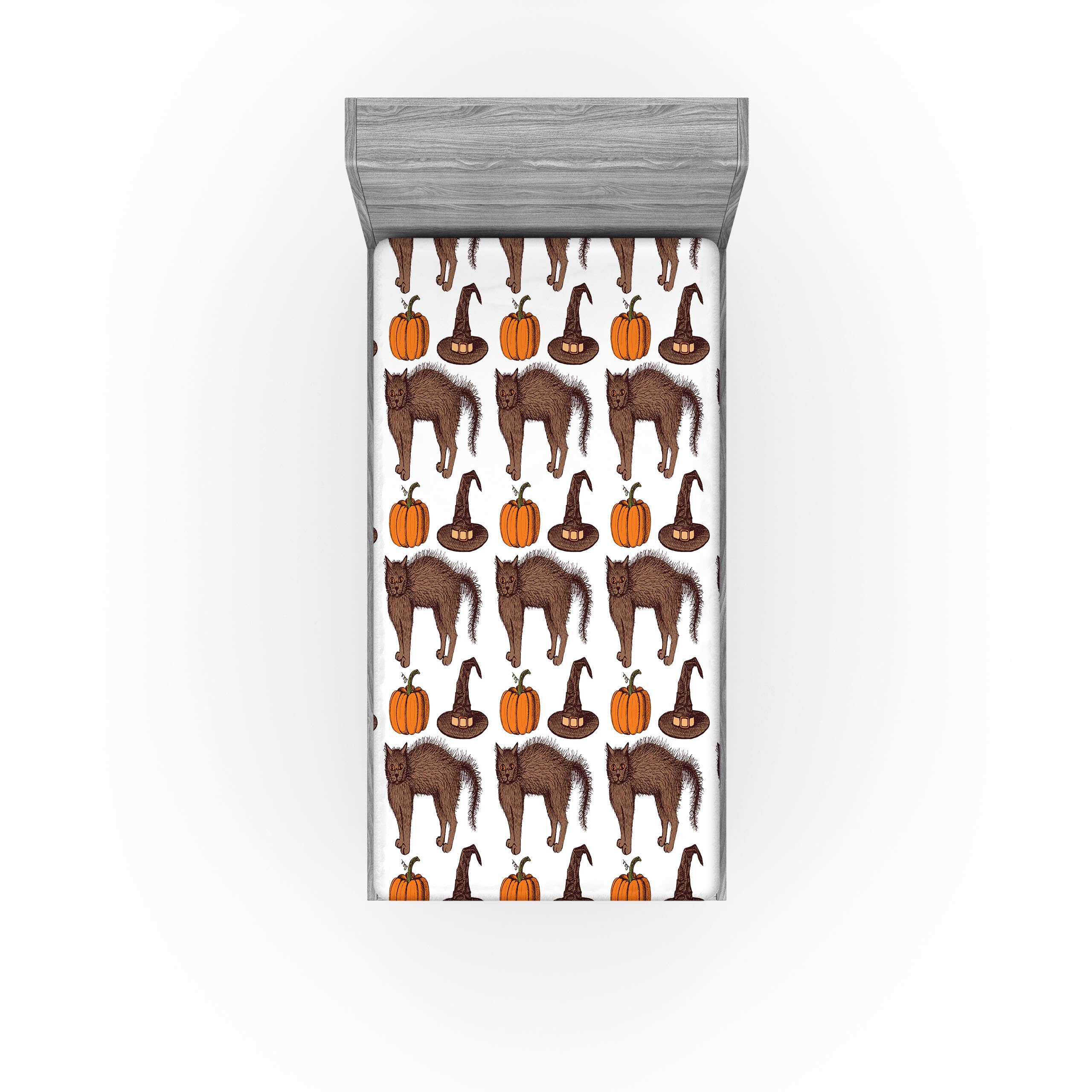 Ambesonne Halloween 2 Pack Fitted Sheet, Pumpkin Witch Hat Cat, Bed Cover All-Round Elastic Deep Pockets 2 Pieces, Package Contains 2 Twin Size Fitted Sheets, Orange Brown