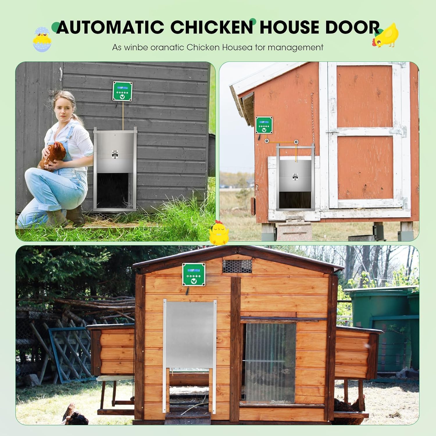 Casetta automatica pollaio, sportello elettrico per pollo, apriporta pollaio con timer e 2 telecomandi, casetta elettrica per proteggere i polli verde (non contiene porta)