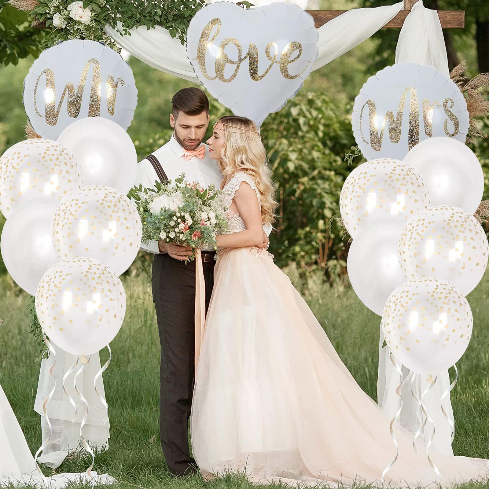 Set Decorazioni Just Married 15 Pezzi: Striscione, Palloncini Mr & Mrs, Cuori Oro, Per Matrimonio, Fidanzamento E Luna Di Miele - 5