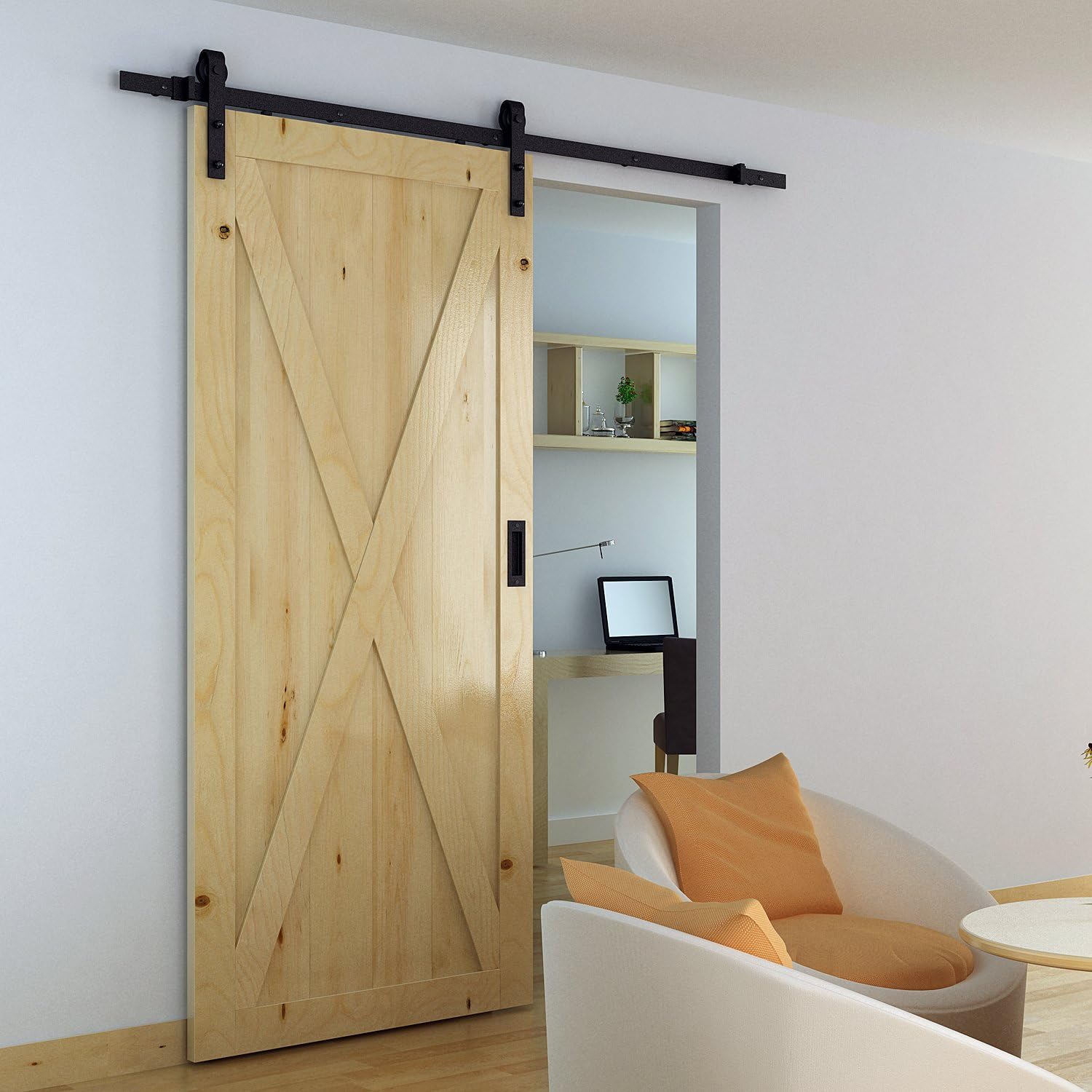 HOMCOM barn door hardware installed on a wooden door in a living space