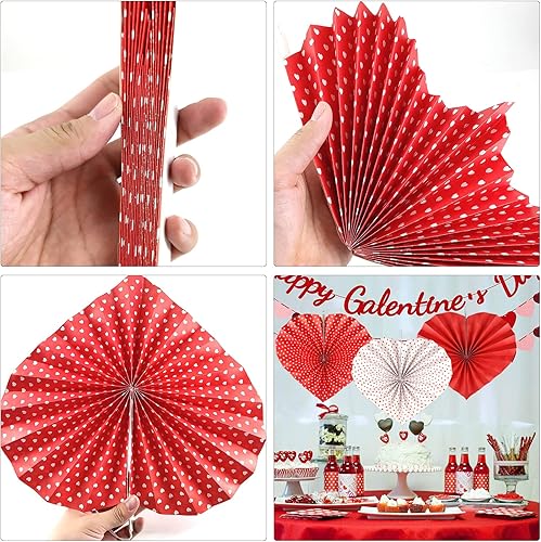 Miniatura 4 de Reofrey 6 piezas de decoración de corazón de abanico de papel, diseño de corazón rojo, decoración del día de San Valentín, para San Valentín,