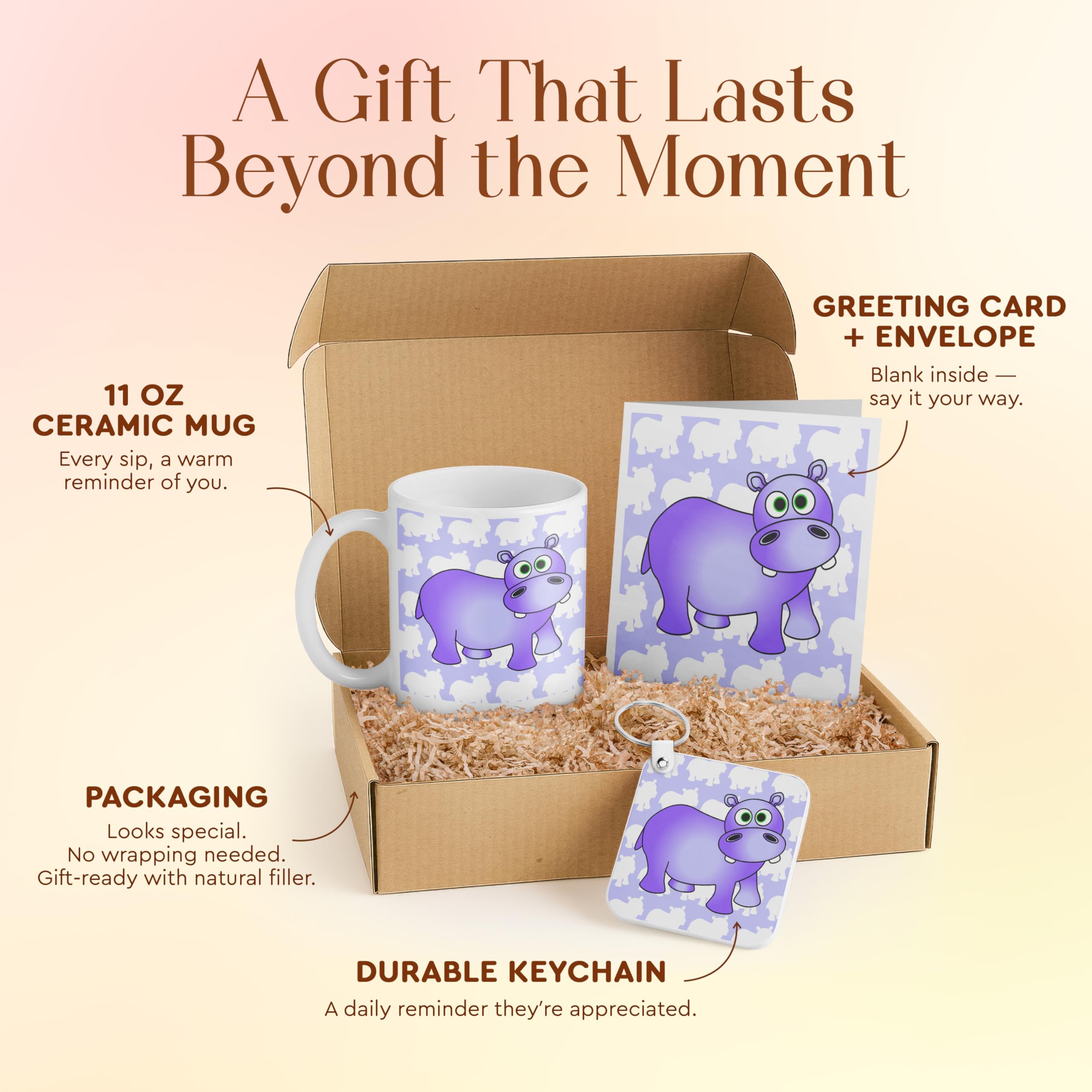 3dRose Cute Hippo Gift Set for Kids - Mug, Card, and Keychain - Purple Hippopotamus Design - Perfect for Animal Lovers and Birthdays