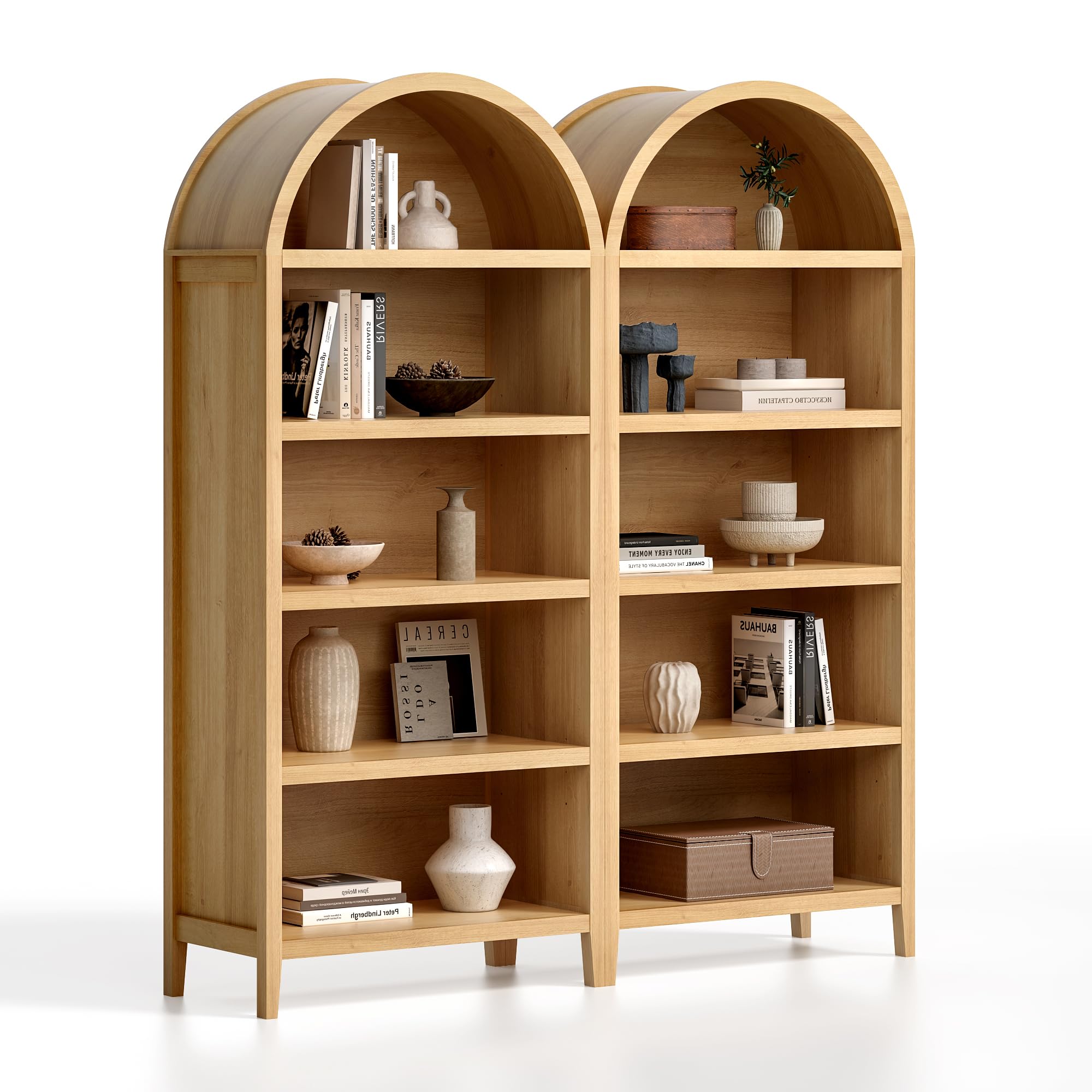 MoomJiee 71" Tall Arched Bookshelf Set of 2, 5-Tier Farmhouse Large Open Display Cabinet, Modern Wood Bookcase with Adjustable Shelves Organizer Rack