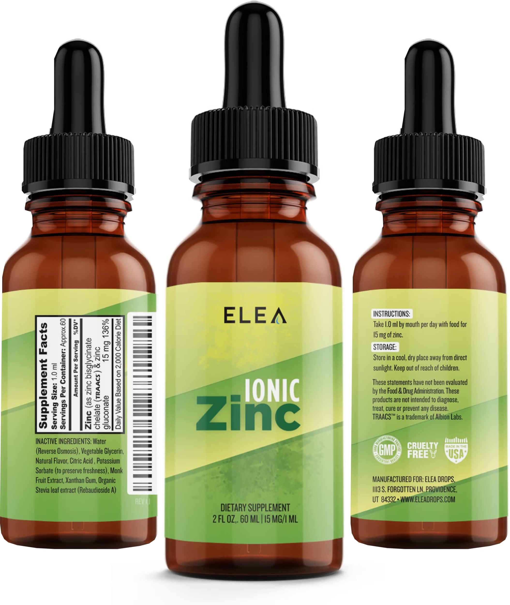 Ionic Liquid Zinc - Best Flavor - High Potency - 15 mg - Vegan - Best Quality Zinc on The Market - Max Absorption - USA Made - Glass Bottle - ELEA Drops