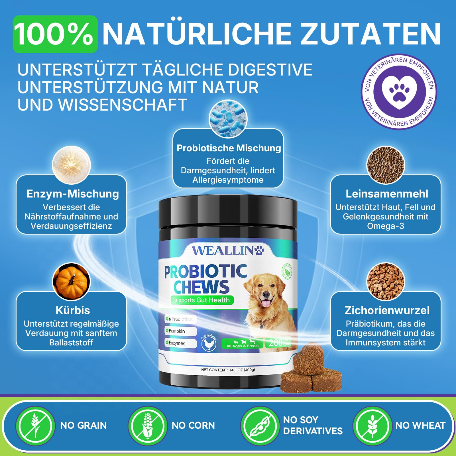 WEALLIN Probiotika für Hunde, Präbiotika für die Darmgesundheit – Unterstützt die Verdauungsgesundheit und die Nährstoffaufnahme – 200 Weiche Kaudrops zur Unterstützung der Hautgesundheit