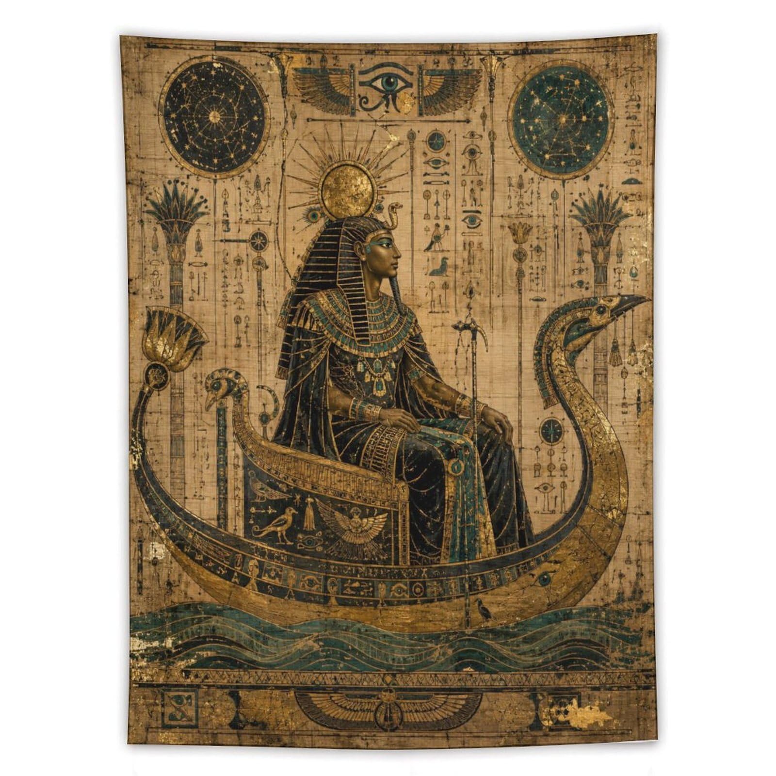 W7C8U2X3 Egyptian Pharaoh Boat Wall Tapestry, Symbolist Art Style, Bed
