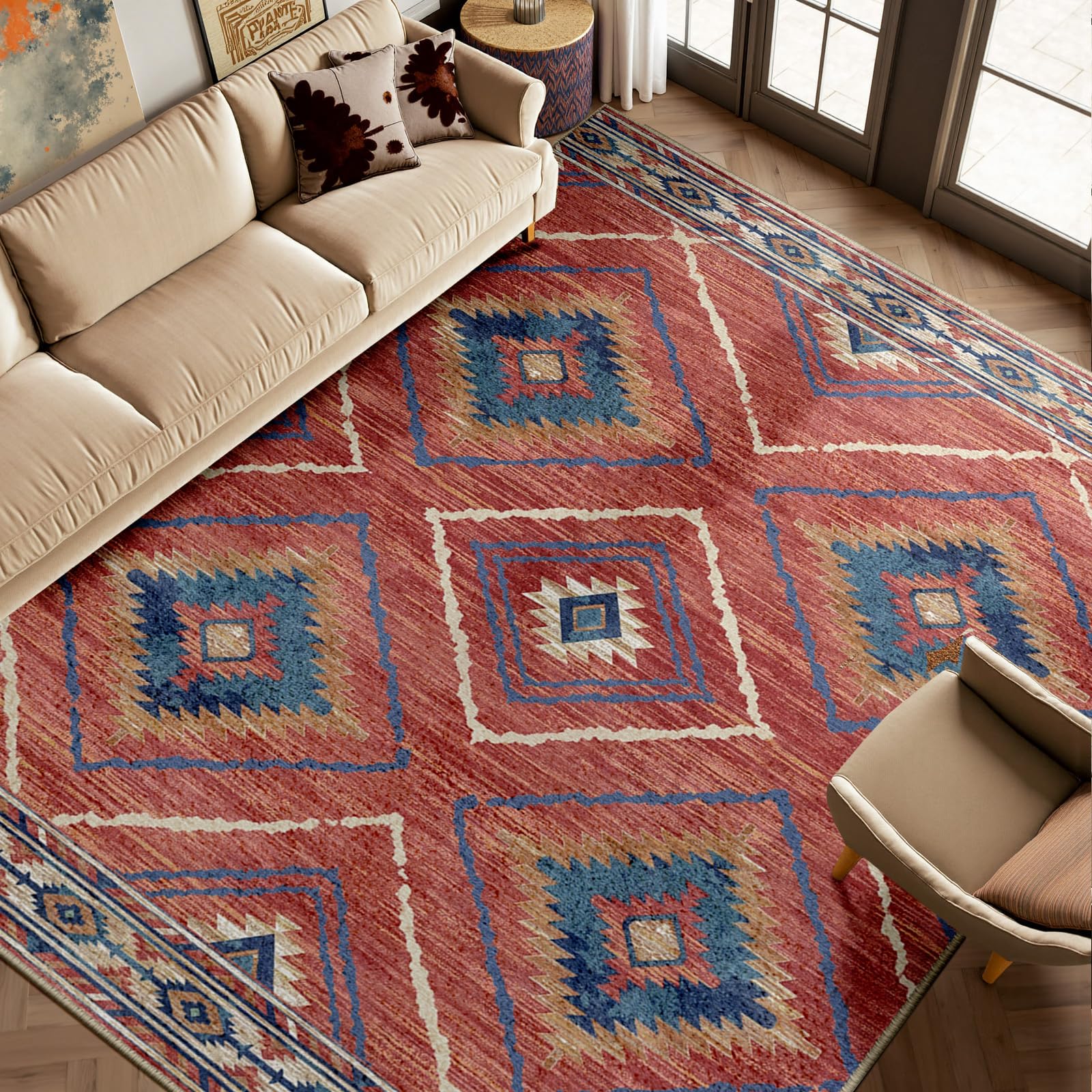 Area Rug 8x10 Rug Machine Washable Non-Slip Low Pile Print Pattern Western Rug for Living Room Bedroom Entryway