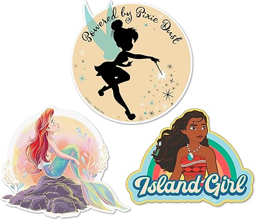 Hallmark Disney - Paquete de 3 calcomanías para botellas de agua, planificadores, cuadernos, pared (campanilla, Ariel y Moana para niños,