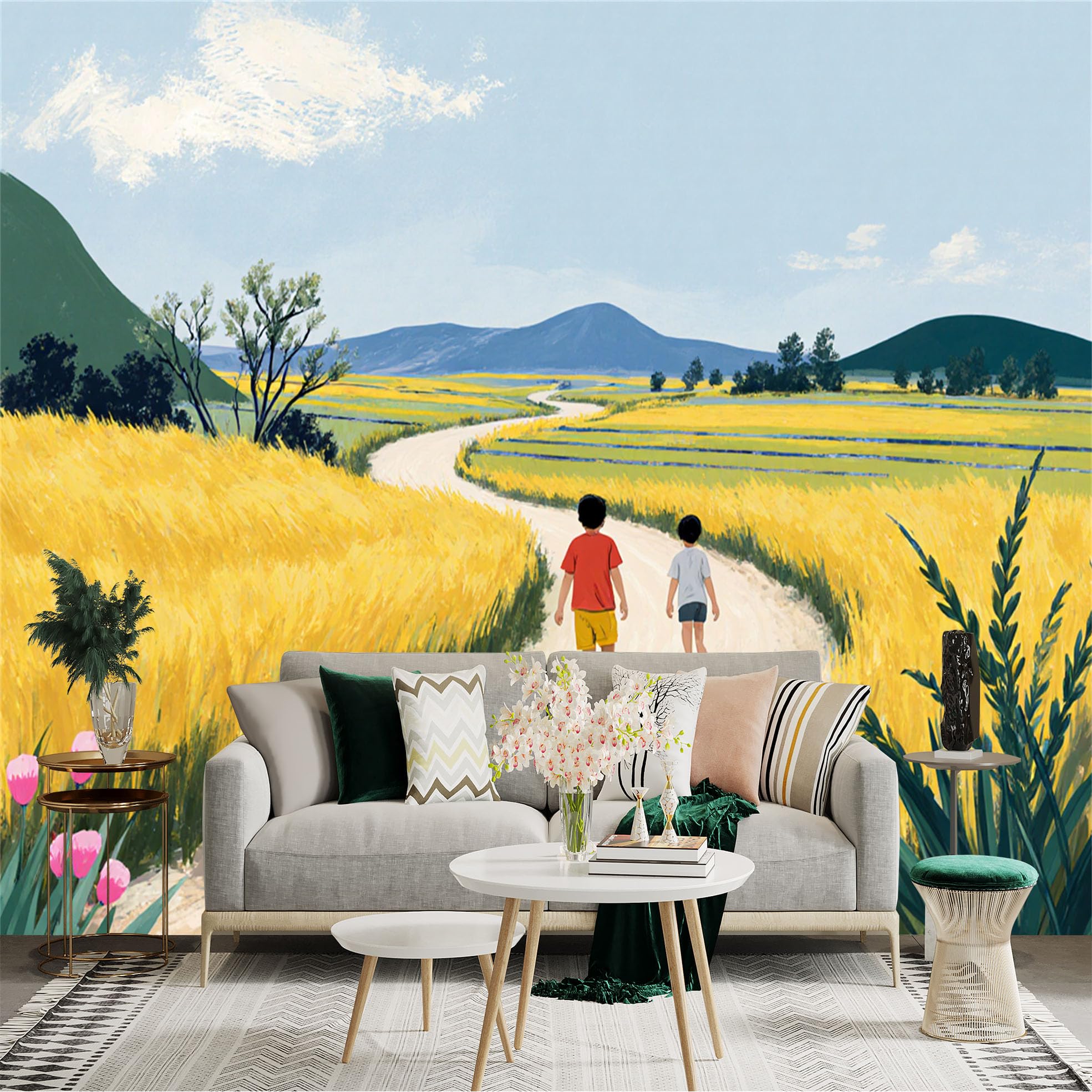 Custom Size Wall Sticker Mural， Rural Scenery with Golden Wheat Fields and Winding Country Road， for wall Decoration， peelandstick wall Decals.