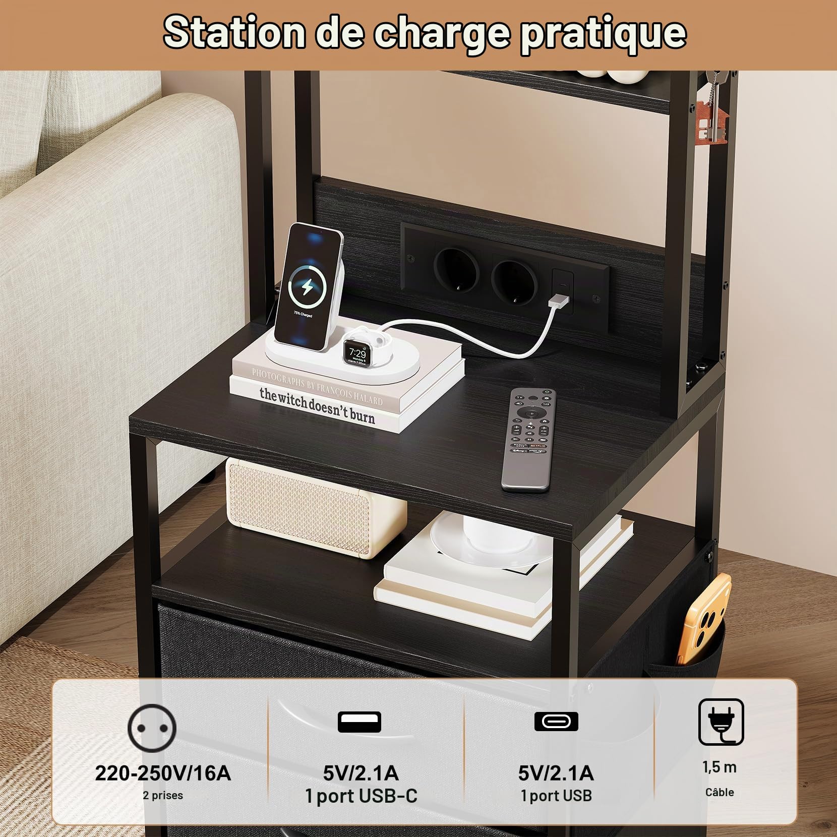 Dripex Table de chevet noire avec recharge et LED, 3 tiroirs, compartiment ouvert