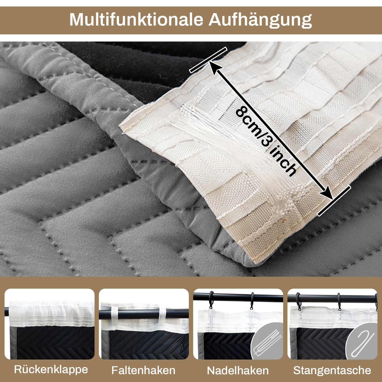 Thermovorhang Kälteschutz Kräuselband 2er Set, Verdickung Wärmeschutzvorhang, Verdunklungsvorhänge Wärmeisolierend Gegen Kälte für Schlafzimmer Wohnzimmer(H175xB140cm,Grau 2-teilig)