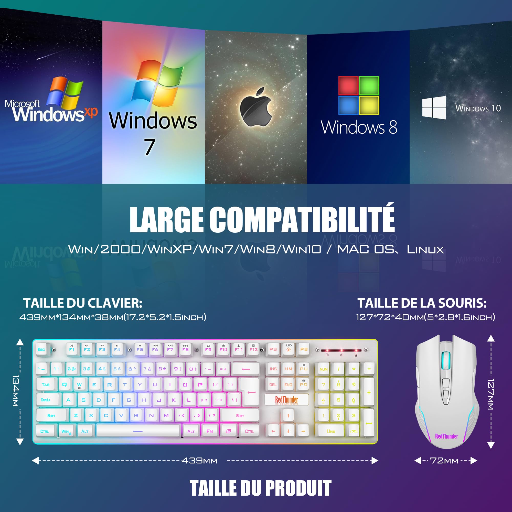 RedThunder K10 Teclado Gaming Sensación Mecánico Inalámbrico,Retroiluminación RGB,Batería Recargable de 3800 mAh, Anti-ghosting+Ratón 7D 3200DPI,AZERTY FR,para PC/PS5/Xbox-Blanco