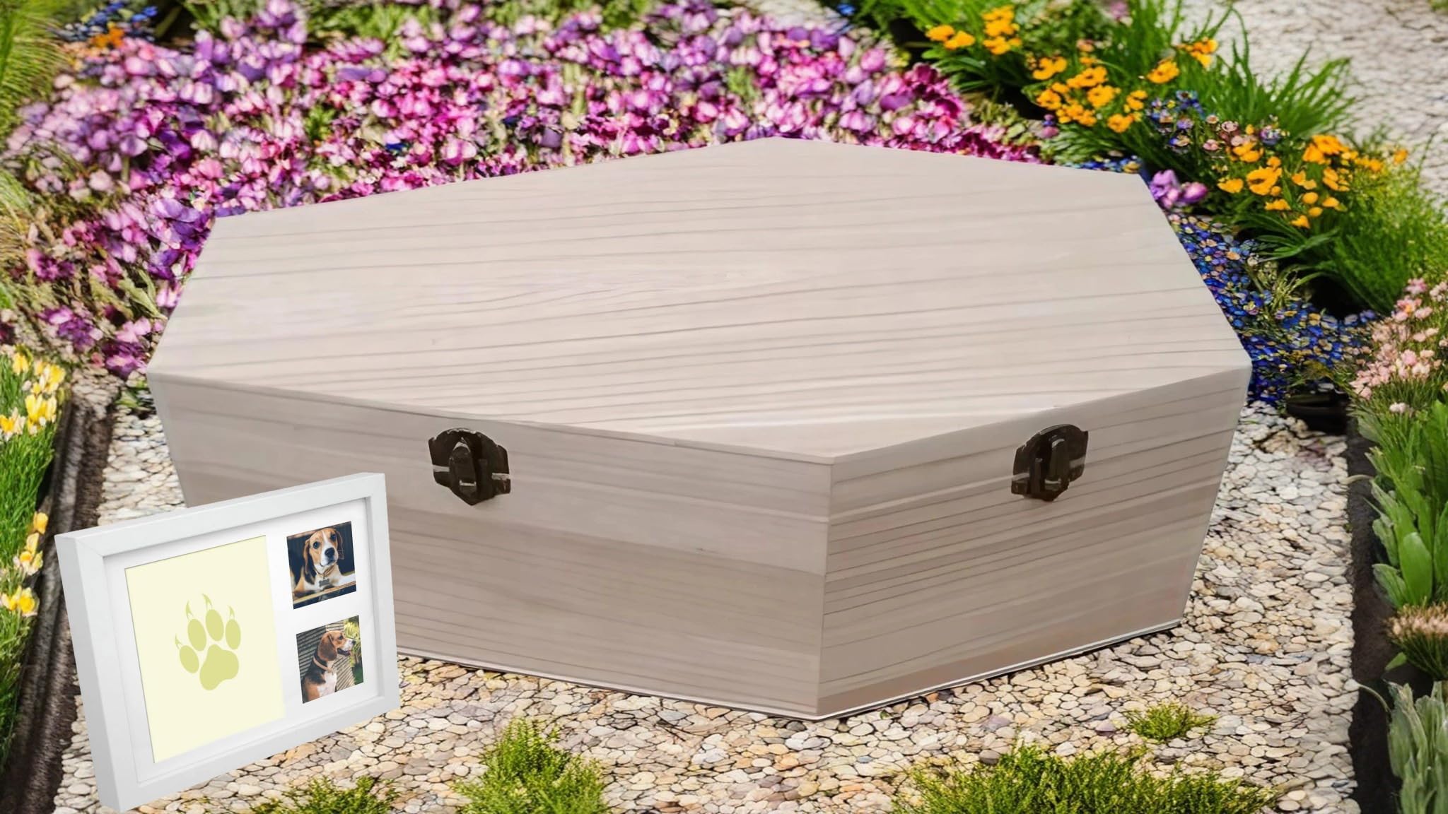 PrimoLiving Ataúd de Madera - Tamaño XL para Mascotas de tamaño Mediano - Ataúd para Mascotas con Cierre de Metal - Incluye Estructura de Yeso