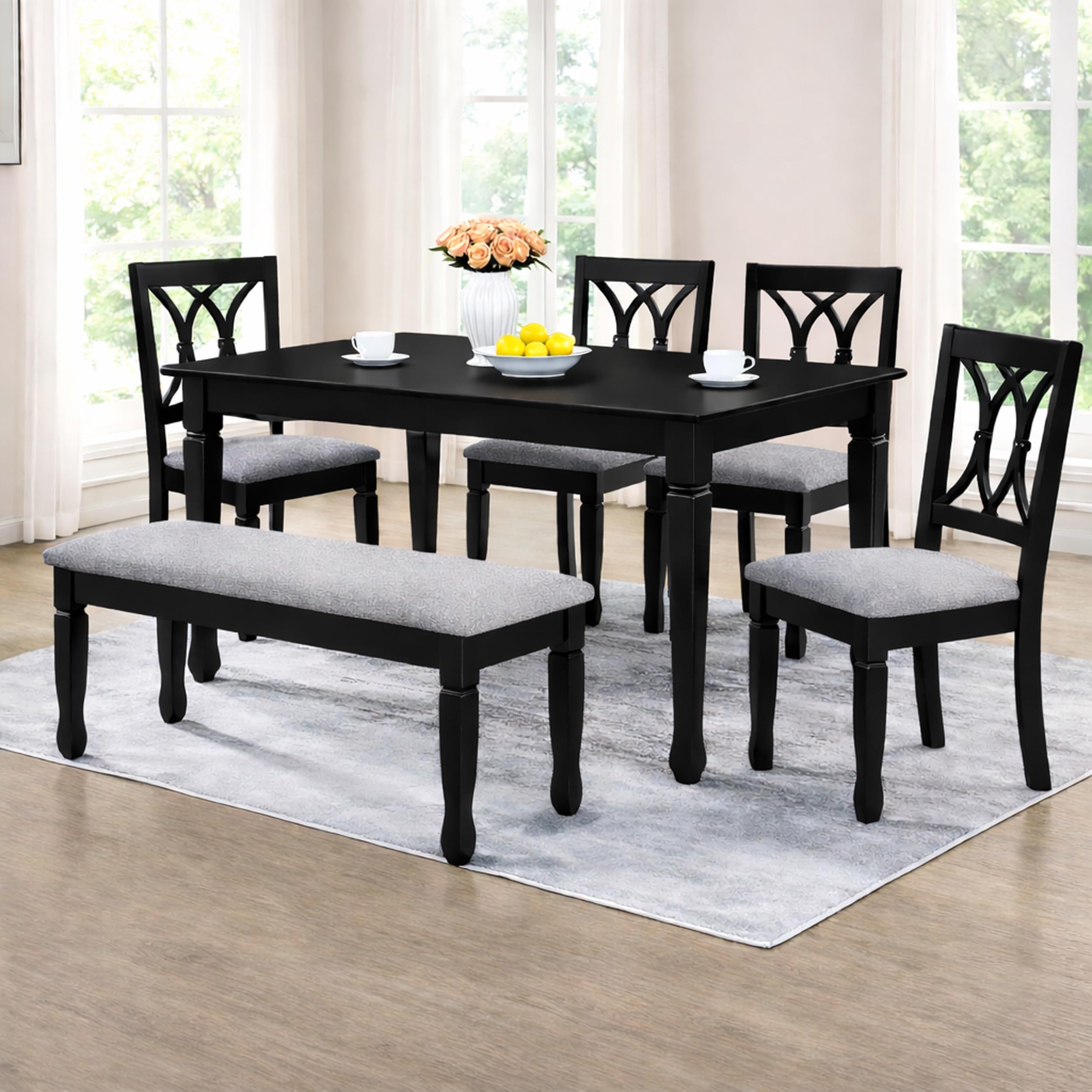 Photo 1 of *** BOX 2, THREE, AND FOUR ONLY***Traditional 6-Piece 63 Inch Rectangular Dining Set, Black Finish with Grey Polyester Upholstered Seating, Solid Rubberwood