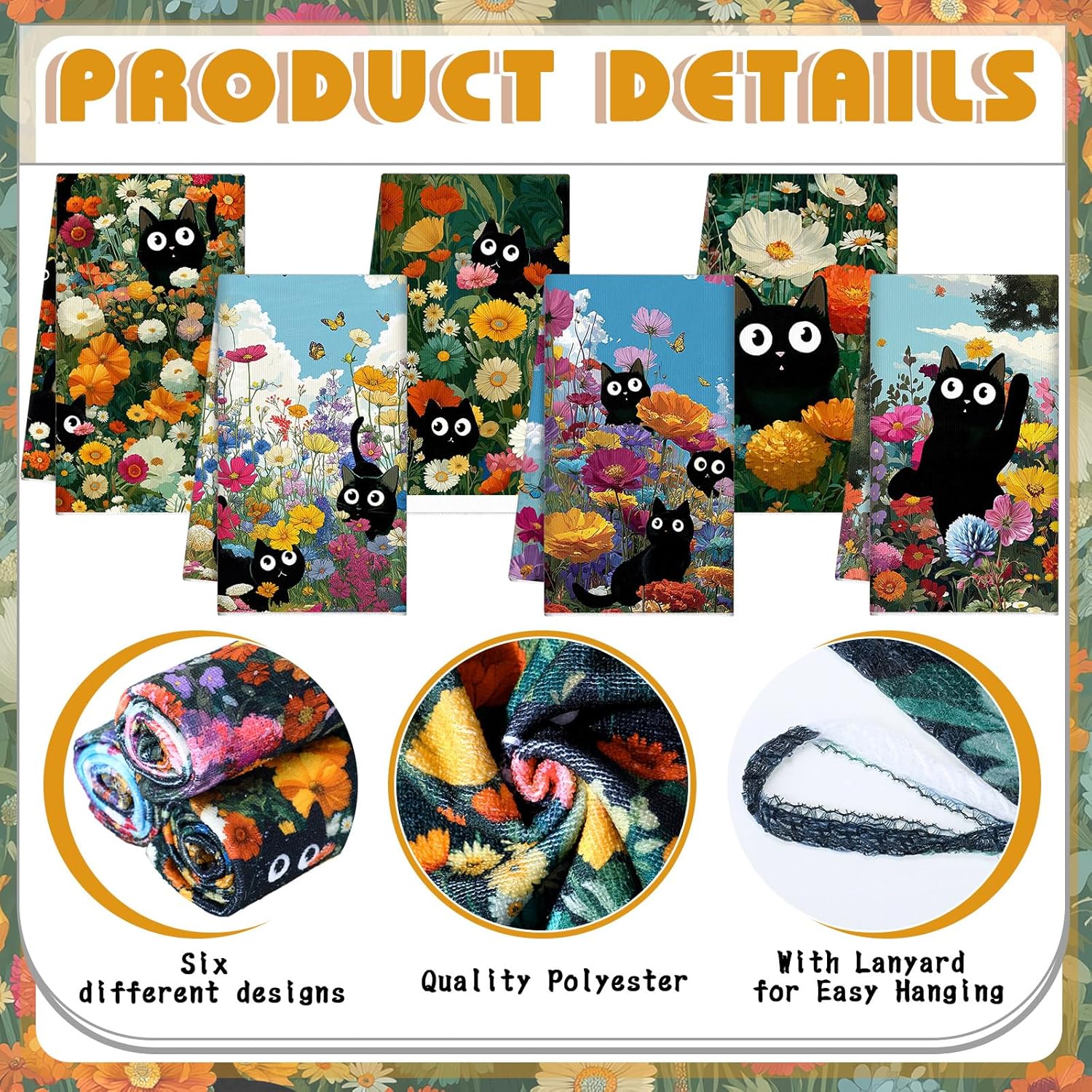 Redbaker 6 Pcs Black Cat Kitchen Towels Retro Wildflower Floral Dish Towel Cute Kitty Absorbent Kitchen Hand Tea Dishcloth with Hanging Loop for Cat Lover Bathroom Home Housewarming Gift - Image 3