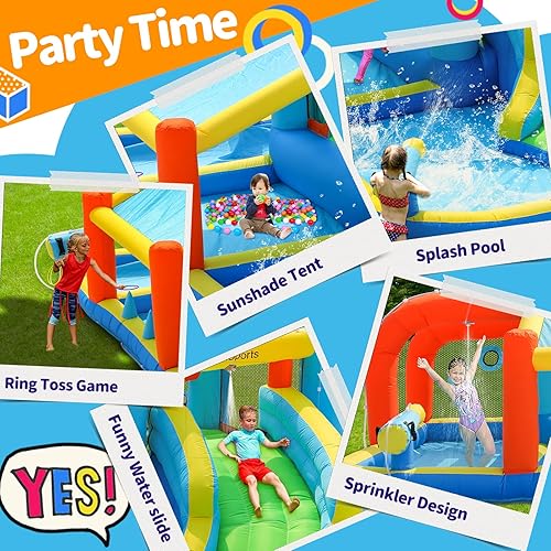 Miniatura 4 de Tobogán acuático inflable, casa de rebote para patio trasero de niños, parque acuático inflable con piscina de salpicadura, casa de salto con