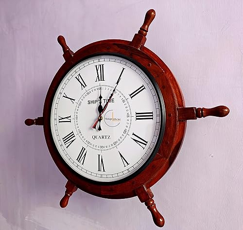 Miniatura 2 de DnU Avenue Reloj de pared de madera hecho a mano con rueda de barco para decoración del hogar y la oficina hecho a mano con madera natural