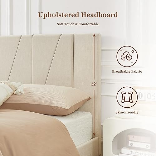 Miniatura 5 de Flolinda Base de cama tamaño Queen con plataforma tapizada con cabecera completa y listones de madera fuertes, no necesita somier, fácil montaje,