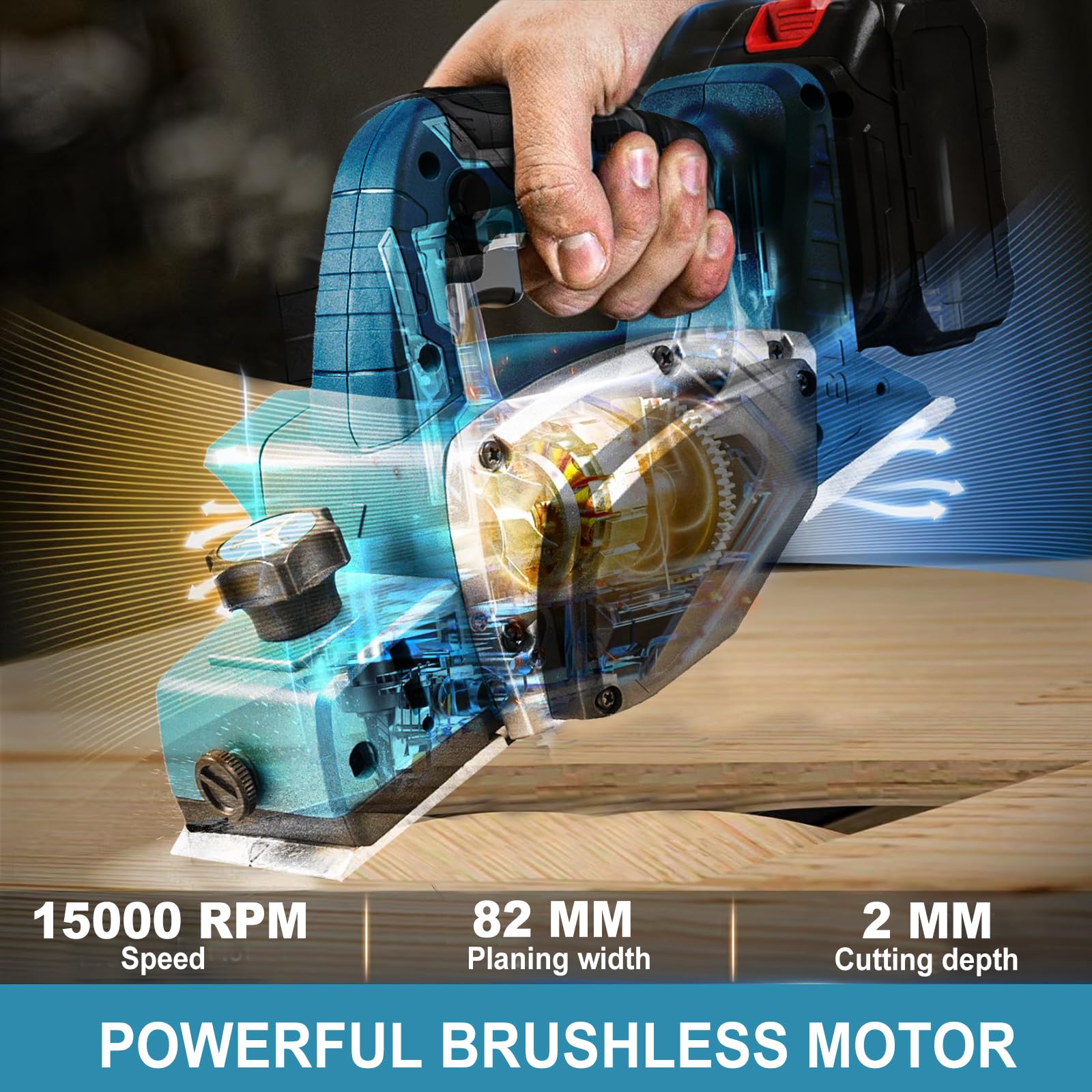 Rabot sans fil compatible avec batterie Makita 18 V, rabot électrique 15000 tr/min, largeur de rabot 82 mm, profondeur de coupe 2 mm, rabot électrique pour le travail du bois (sans batterie)