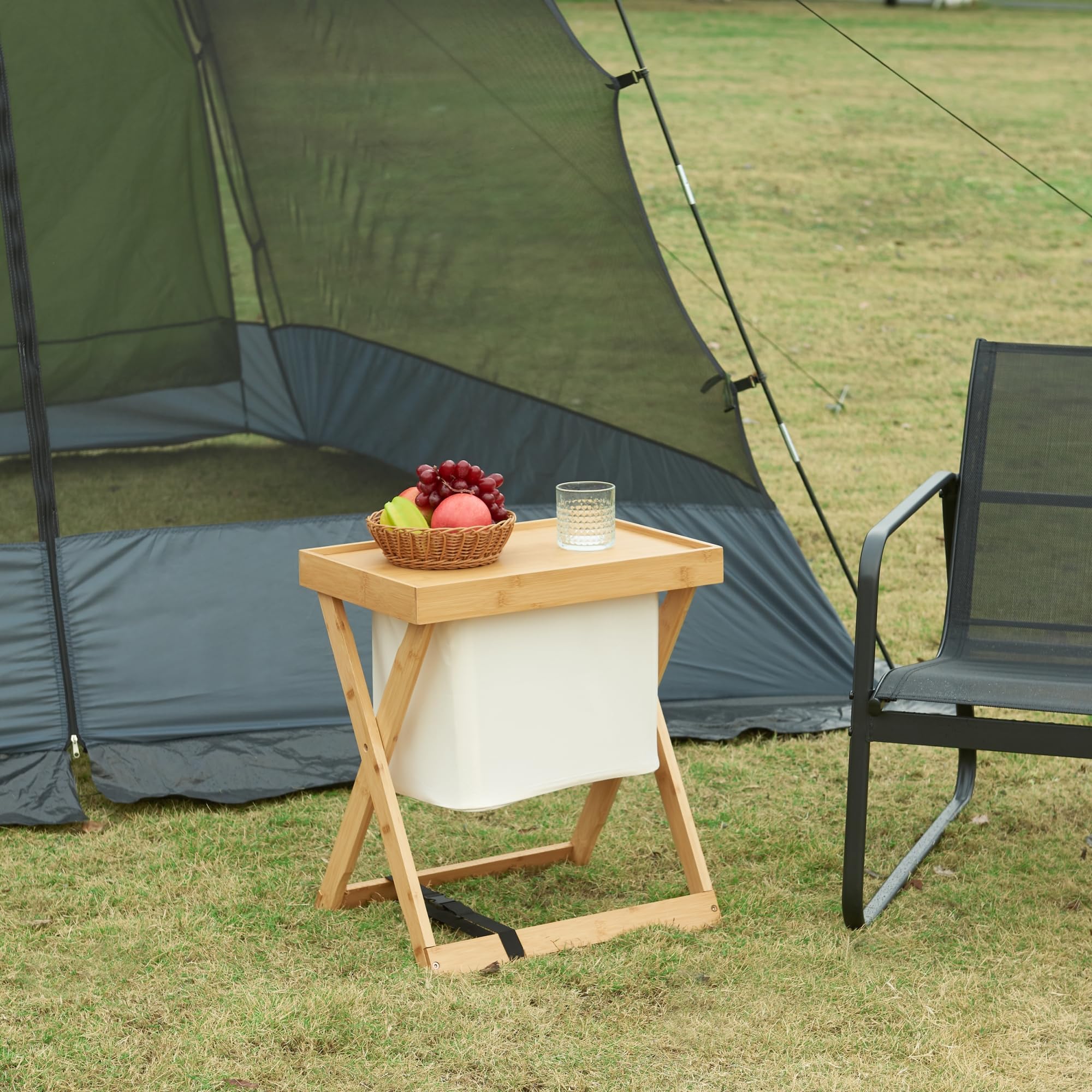 [en.casa] Tavolino Pieghevole da Esterno Interno Tavolino in Bambù con Piano e Contenitore Rimovibili Tavolino da Caffè 53 x 48 x 32 cm