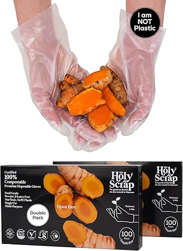 HOLY SCRAP! 100% Certified Compostable Disposable Gloves SMLXL Powder & Latex Free, Food Grade, Cleaning & Germ Protection