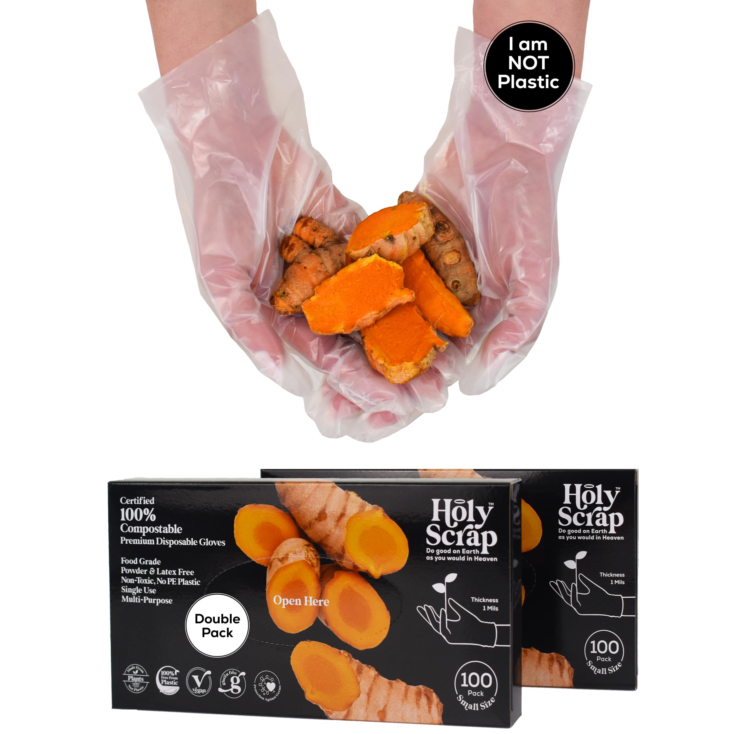 HOLY SCRAP! 100% Compostable Gloves SMALL - 200 Pack - Disposable Powder and Latex Free Gloves for Food Preparation, Cooking, Cleaning, Non-Toxic, Eco Friendly - BPI Certified, OK Compost Home