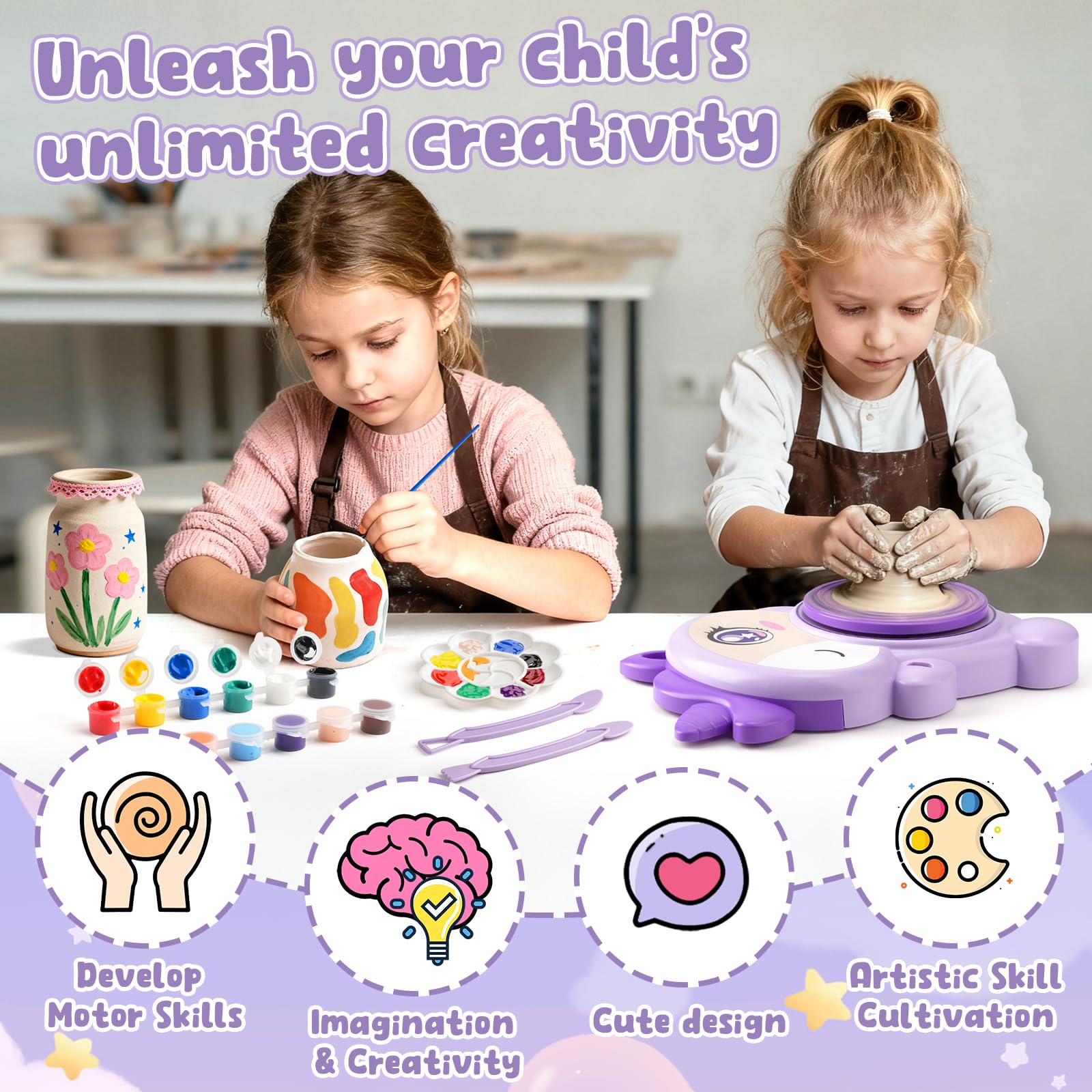 Torno de Alfarería para Niños-Kit Completo de Pintura y Manualidades con 2 Paquetes de Arcilla Autofraguante-Juguete Educativo de Arte para Niñas y Niños de 6 a 14 Años-Regalo Cumpleaños y Navidad