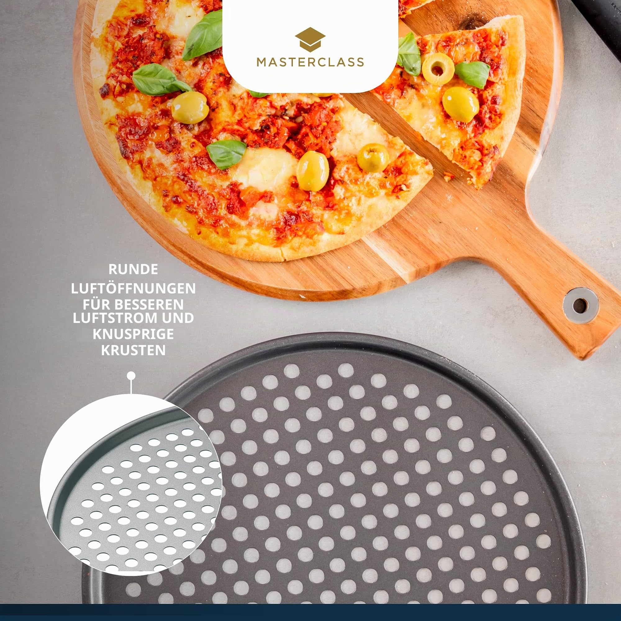MasterClass Antihaft-Pizzablech für Backofen und Pizzaofen, gelocht, rund 32cm, mit Hülle, Grau