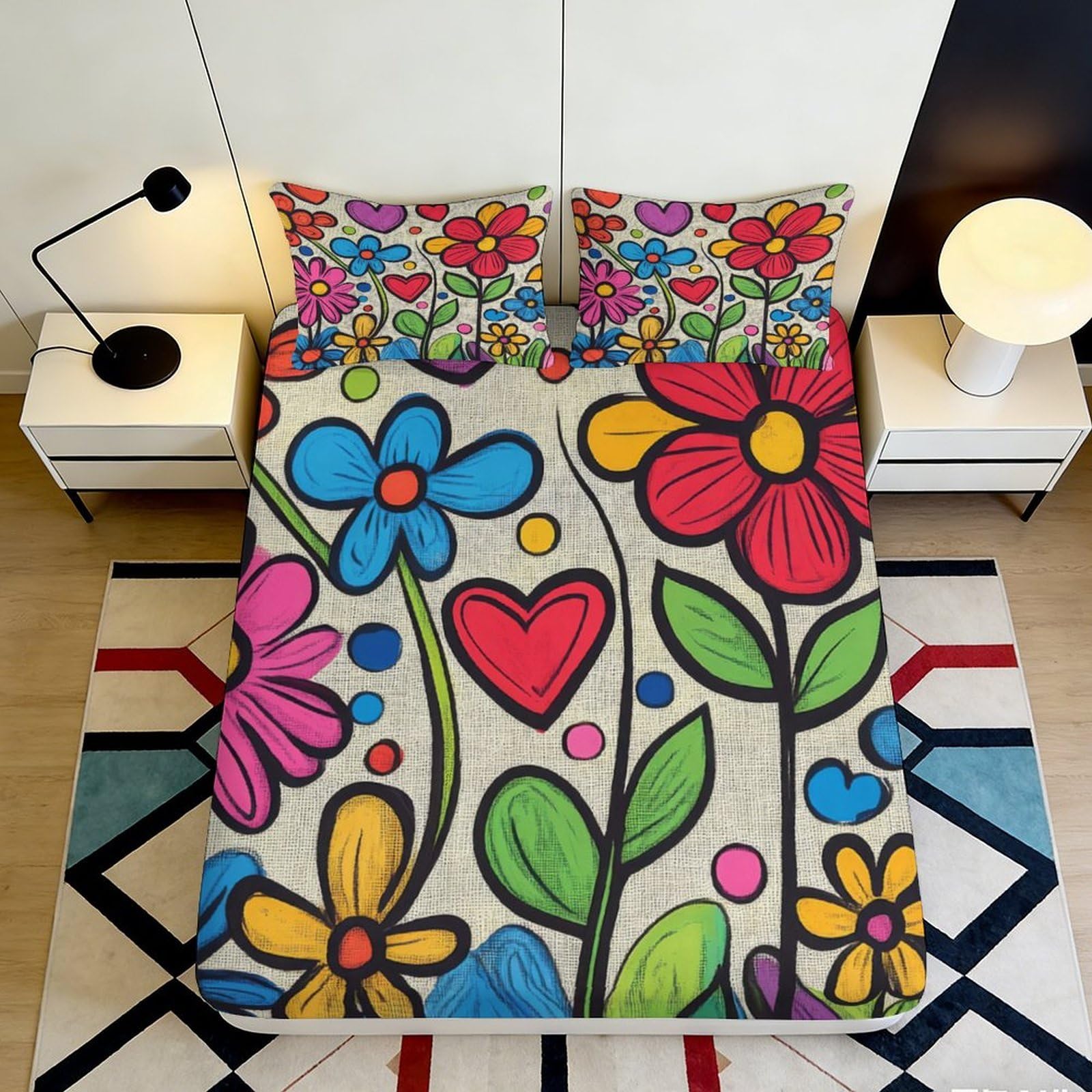 Pnayamiorkfel Style-2 3D Printed Colorful Floral Heart Fitted Sheet Microfiber Soft Decorative Bed Cover Anti-Slip Machine Washable For Bedroom Guest Room 90X200x25cm