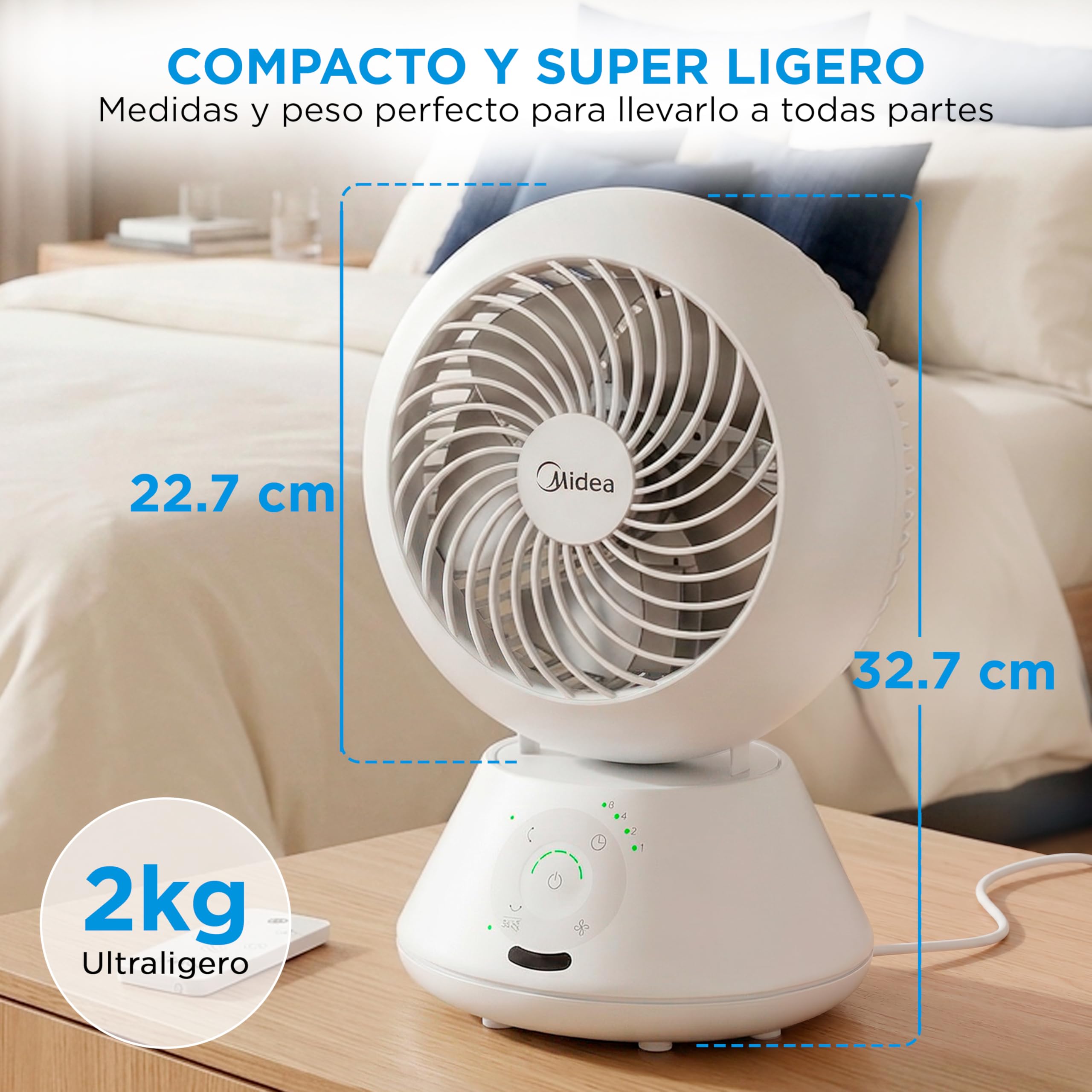 Midea Ventilador de Mesa Silencioso de 5 Velocidades con Mando a Distancia - Ventilador Pequeño Portatil con Oscilación Automática 120º + 105º, Temporizador de 15 horas - Alcance de hasta 15 metros