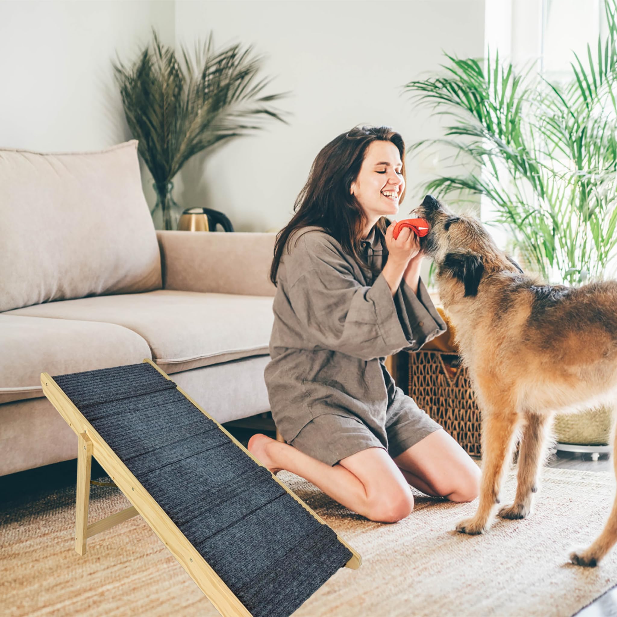 FIVMEN Scaletta per cani 2 in 1 Rampa per cani in legno pieghevole Regolabile in altezza con tappetino antiscivolo Scaletta per animali domestici per letto e divano, 100x47x63cm