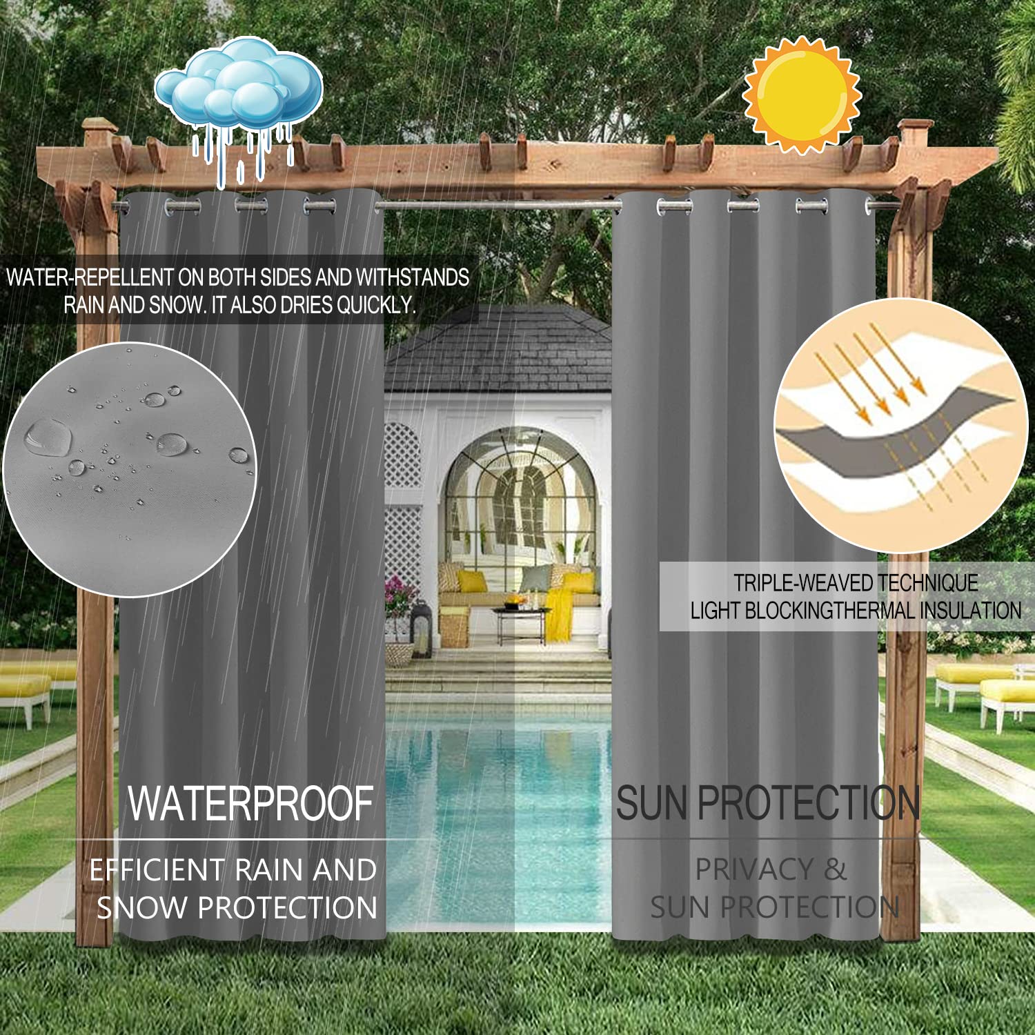 Outdoor Vorhang Blickdicht Wasserdicht Wetterfest Blackout Outdoorvorhänge mit ösen, Sichtschutz Sonnenschutz Gardine/Vorhänge for Patio Balkon Pavillon,Grau,1 Stück|155x213CM(BxH)