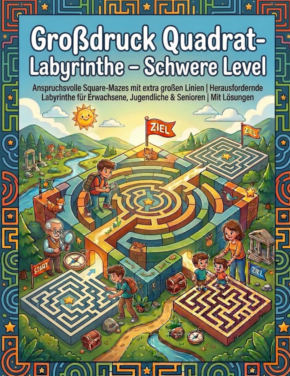 Großdruck Quadrat-Labyrinthe – Schwere Level: Anspruchsvolle Square-Mazes mit extra großen Linien | Herausfordernde Labyrinthe für Erwachsene, Jugendliche & Senioren | Mit Lösungen