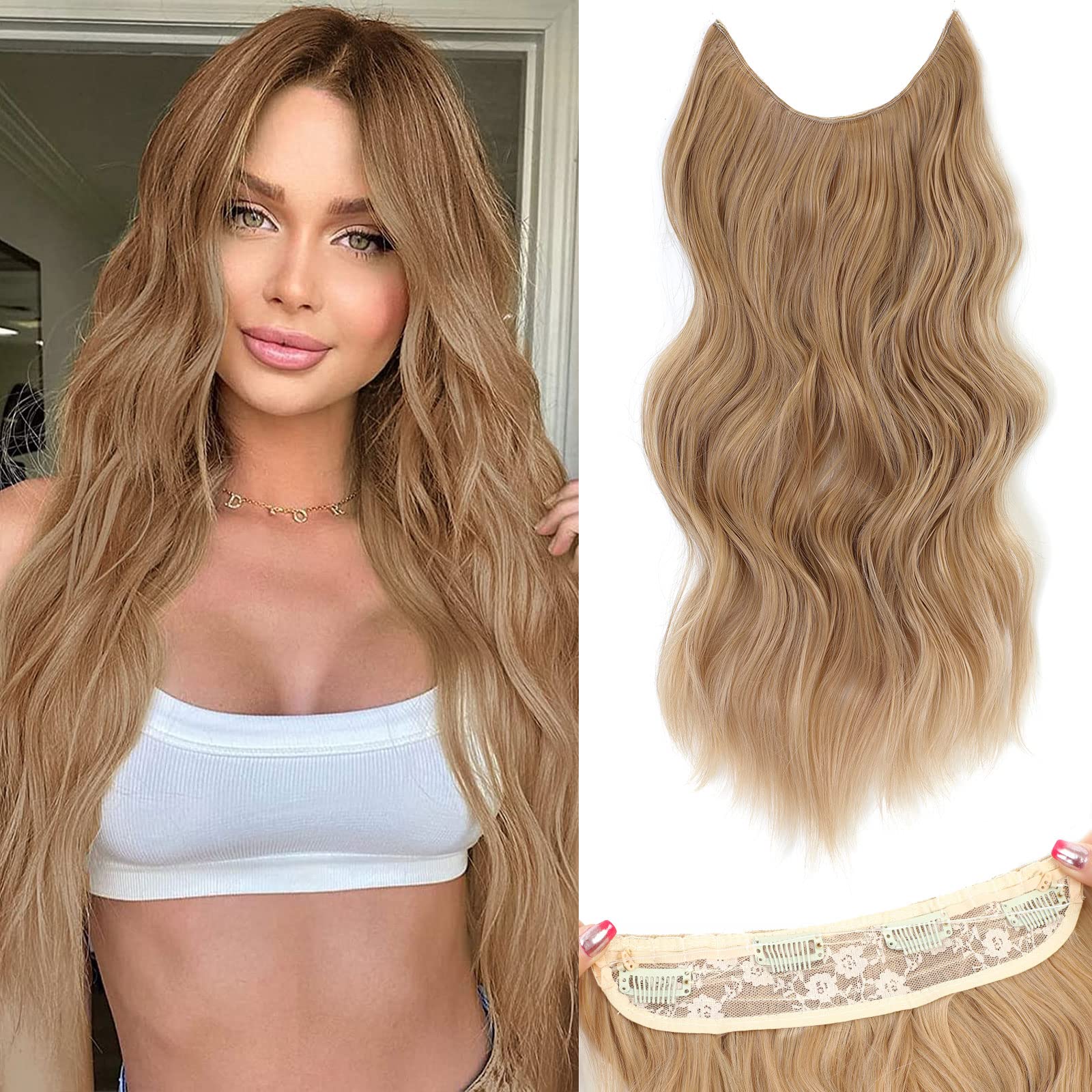 BUPPLER Halo Hair Extensions 20 Inch Invisible Wire Hair Extensions Adjustable Long Wavy Hairpiece Synthetic Upgrade 4 Secure Clips in Hairpieces 20 Inch,Medium Golden Brown